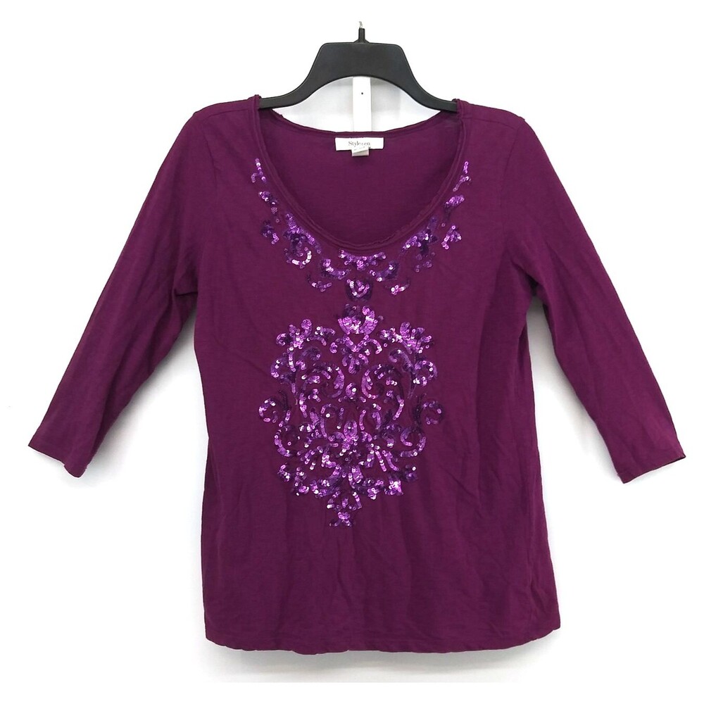 Style & Co. Shirt Women Size PM Purple Sequin 3/4 Sleeve Casual Top